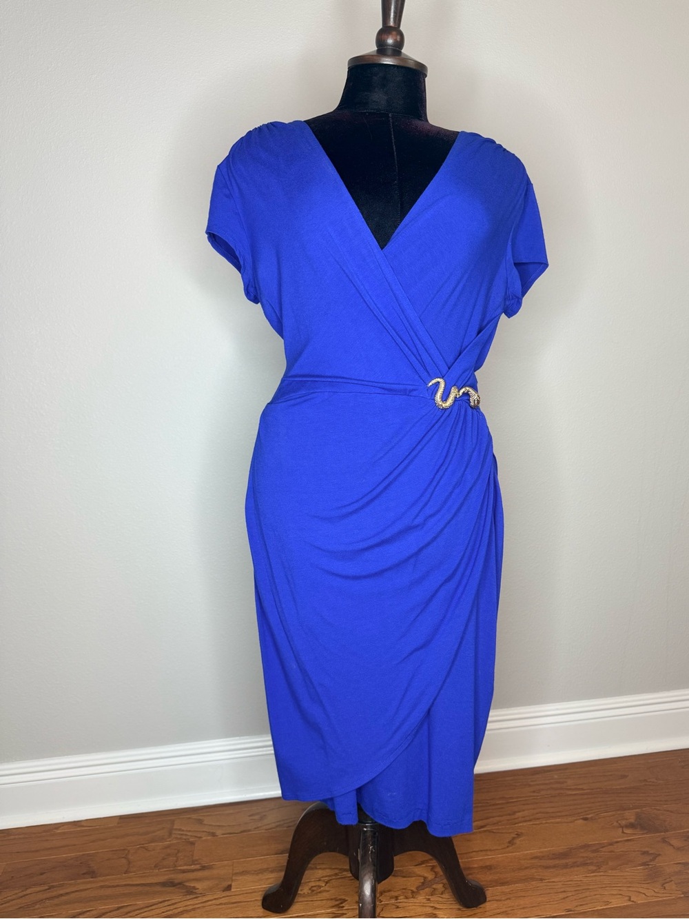 Royal Blue Wrap Midi Dress with Gold Accent